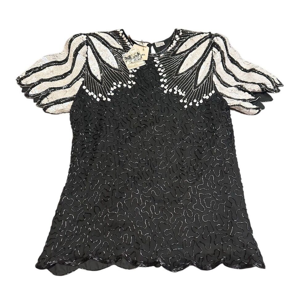 Laurence Kazar Vintage Black Sequin Silk Beaded‎ Blouse M Formal Flutter Sleeve